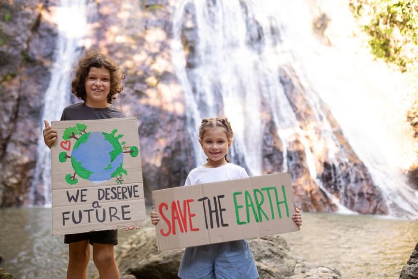 Niños celebrando el Día Mundial del Medio Ambiente en exteriores.